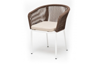 MR1002033 стул плетеный из роупа, каркас алюминий белый, роуп коричневый круглый, ткань бежевая